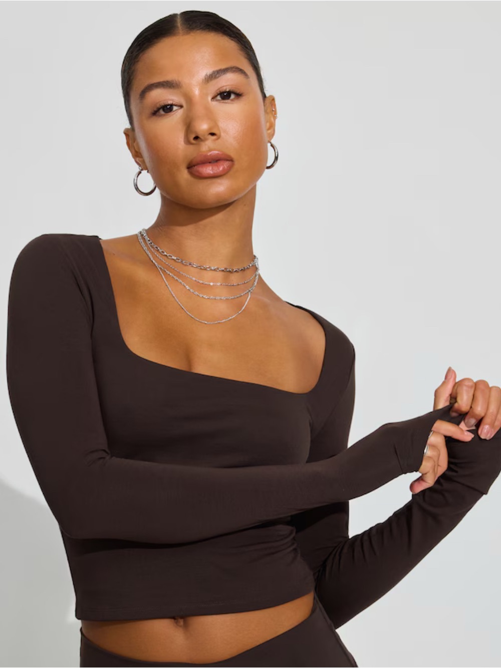 Garage -Chocolate Brown Long Sleeve Square Neck Crop Top